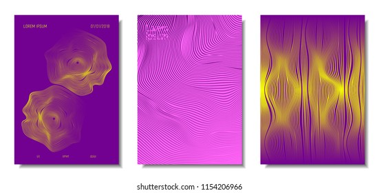 Blue Abstract Covers with Movement Effect. Wave Striped Backgrounds. Geometric Templates Set with Flow Lines. EPS10 Vector Design. 3D Abstract Distortion for Brochure, Magazine, Music Poster, Book.