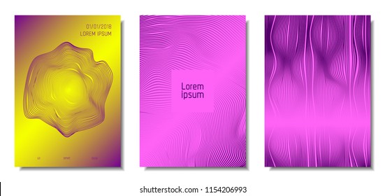 Blue Abstract Covers with Movement Effect. Wave Striped Backgrounds. Geometric Templates Set with Flow Lines. EPS10 Vector Design. 3D Abstract Distortion for Brochure, Magazine, Music Poster, Book.