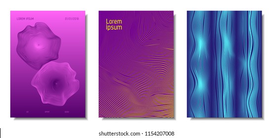 Blue Abstract Covers with Movement Effect. Wave Striped Backgrounds. Geometric Templates Set with Flow Lines. EPS10 Vector Design. 3D Abstract Distortion for Brochure, Magazine, Music Poster, Book.