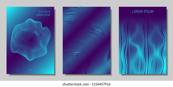 Blue Abstract Covers with Movement Effect. Wave Striped Backgrounds. Geometric Templates Set with Flow Lines. EPS10 Vector Design. 3D Abstract Distortion for Brochure, Magazine, Music Poster, Book.