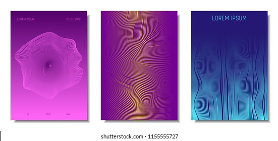 Blue Abstract Covers with Movement Effect. Wave Striped Backgrounds. Geometric Templates Set with Flow Lines. EPS10 Vector Design. 3D Abstract Distortion for Brochure, Magazine, Music Poster, Book.