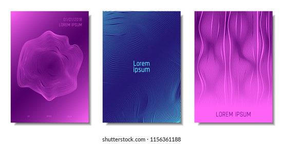 Blue Abstract Covers with Movement Effect. Wave Striped Backgrounds. Geometric Templates Set with Flow Lines. EPS10 Vector Design. 3D Abstract Distortion for Brochure, Magazine, Music Poster, Book.