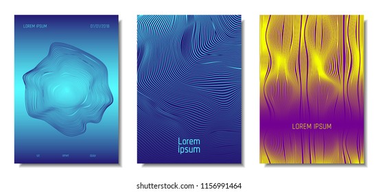 Blue Abstract Covers with Movement Effect. Wave Striped Backgrounds. Geometric Templates Set with Flow Lines. EPS10 Vector Design. 3D Abstract Distortion for Brochure, Magazine, Music Poster, Book.