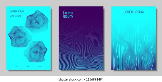 Blue Abstract Covers with Movement Effect. Wave Striped Backgrounds. Geometric Templates Set with Flow Lines. EPS10 Vector Design. 3D Abstract Distortion for Brochure, Magazine, Music Poster, Book.