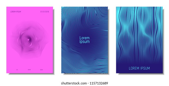 Blue Abstract Covers with Movement Effect. Wave Striped Backgrounds. Geometric Templates Set with Flow Lines. EPS10 Vector Design. 3D Abstract Distortion for Brochure, Magazine, Music Poster, Book.