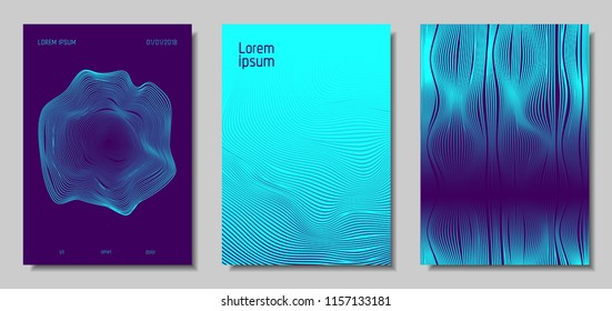 Blue Abstract Covers with Movement Effect. Wave Striped Backgrounds. Geometric Templates Set with Flow Lines. EPS10 Vector Design. 3D Abstract Distortion for Brochure, Magazine, Music Poster, Book.