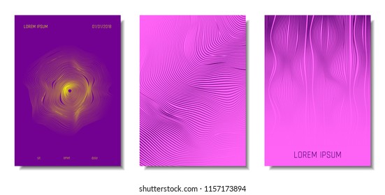 Blue Abstract Covers with Movement Effect. Wave Striped Backgrounds. Geometric Templates Set with Flow Lines. EPS10 Vector Design. 3D Abstract Distortion for Brochure, Magazine, Music Poster, Book.