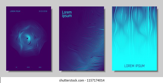 Blue Abstract Covers with Movement Effect. Wave Striped Backgrounds. Geometric Templates Set with Flow Lines. EPS10 Vector Design. 3D Abstract Distortion for Brochure, Magazine, Music Poster, Book.