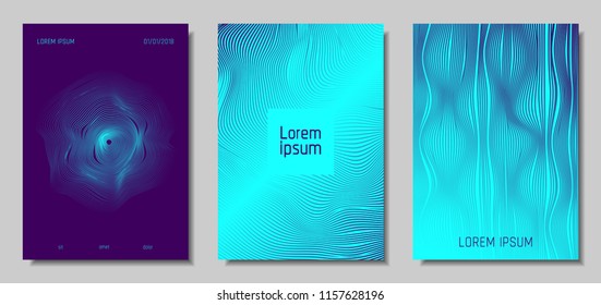 Blue Abstract Covers with Movement Effect. Wave Striped Backgrounds. Geometric Templates Set with Flow Lines. EPS10 Vector Design. 3D Abstract Distortion for Brochure, Magazine, Music Poster, Book.