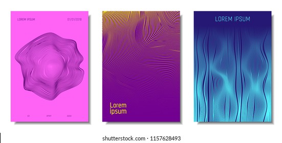 Blue Abstract Covers with Movement Effect. Wave Striped Backgrounds. Geometric Templates Set with Flow Lines. EPS10 Vector Design. 3D Abstract Distortion for Brochure, Magazine, Music Poster, Book.