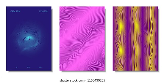 Blue Abstract Covers with Movement Effect. Wave Striped Backgrounds. Geometric Templates Set with Flow Lines. EPS10 Vector Design. 3D Abstract Distortion for Brochure, Magazine, Music Poster, Book.