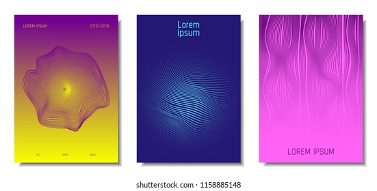 Blue Abstract Covers with Movement Effect. Wave Striped Backgrounds. Geometric Templates Set with Flow Lines. EPS10 Vector Design. 3D Abstract Distortion for Brochure, Magazine, Music Poster, Book.
