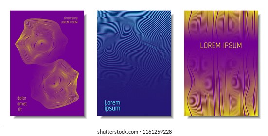 Blue Abstract Covers with Movement Effect. Wave Striped Backgrounds. Geometric Templates Set with Flow Lines. EPS10 Vector Design. 3D Abstract Distortion for Brochure, Magazine, Music Poster, Book.