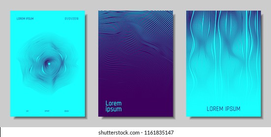 Blue Abstract Covers with Movement Effect. Wave Striped Backgrounds. Geometric Templates Set with Flow Lines. EPS10 Vector Design. 3D Abstract Distortion for Brochure, Magazine, Music Poster, Book.