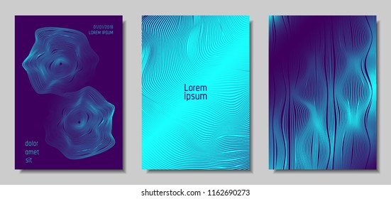 Blue Abstract Covers with Movement Effect. Wave Striped Backgrounds. Geometric Templates Set with Flow Lines. EPS10 Vector Design. 3D Abstract Distortion for Brochure, Magazine, Music Poster, Book.