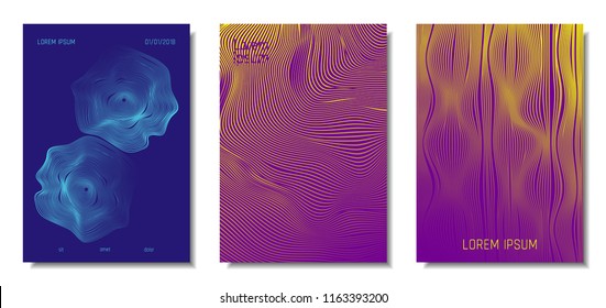 Blue Abstract Covers with Movement Effect. Wave Striped Backgrounds. Geometric Templates Set with Flow Lines. EPS10 Vector Design. 3D Abstract Distortion for Brochure, Magazine, Music Poster, Book.