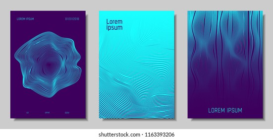 Blue Abstract Covers with Movement Effect. Wave Striped Backgrounds. Geometric Templates Set with Flow Lines. EPS10 Vector Design. 3D Abstract Distortion for Brochure, Magazine, Music Poster, Book.