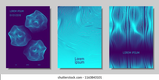 Blue Abstract Covers with Movement Effect. Wave Striped Backgrounds. Geometric Templates Set with Flow Lines. EPS10 Vector Design. 3D Abstract Distortion for Brochure, Magazine, Music Poster, Book.