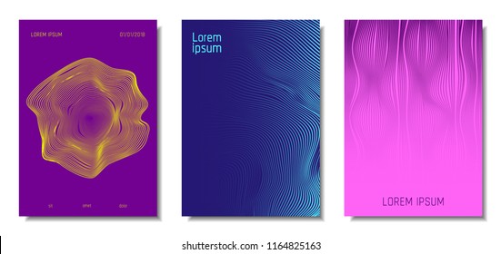 Blue Abstract Covers with Movement Effect. Wave Striped Backgrounds. Geometric Templates Set with Flow Lines. EPS10 Vector Design. 3D Abstract Distortion for Brochure, Magazine, Music Poster, Book.