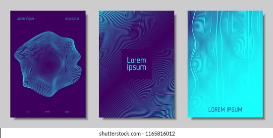 Blue Abstract Covers with Movement Effect. Wave Striped Backgrounds. Geometric Templates Set with Flow Lines. EPS10 Vector Design. 3D Abstract Distortion for Brochure, Magazine, Music Poster, Book.