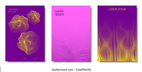 Blue Abstract Covers with Movement Effect. Wave Striped Backgrounds. Geometric Templates Set with Flow Lines. EPS10 Vector Design. 3D Abstract Distortion for Brochure, Magazine, Music Poster, Book.