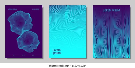 Blue Abstract Covers with Movement Effect. Wave Striped Backgrounds. Geometric Templates Set with Flow Lines. EPS10 Vector Design. 3D Abstract Distortion for Brochure, Magazine, Music Poster, Book.