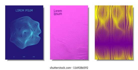 Blue Abstract Covers with Movement Effect. Wave Striped Backgrounds. Geometric Templates Set with Flow Lines. EPS10 Vector Design. 3D Abstract Distortion for Brochure, Magazine, Music Poster, Book.