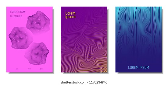Blue Abstract Covers with Movement Effect. Wave Striped Backgrounds. Geometric Templates Set with Flow Lines. EPS10 Vector Design. 3D Abstract Distortion for Brochure, Magazine, Music Poster, Book.