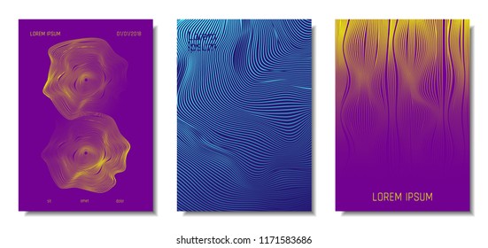 Blue Abstract Covers with Movement Effect. Wave Striped Backgrounds. Geometric Templates Set with Flow Lines. EPS10 Vector Design. 3D Abstract Distortion for Brochure, Magazine, Music Poster, Book.