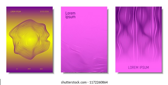 Blue Abstract Covers with Movement Effect. Wave Striped Backgrounds. Geometric Templates Set with Flow Lines. EPS10 Vector Design. 3D Abstract Distortion for Brochure, Magazine, Music Poster, Book.