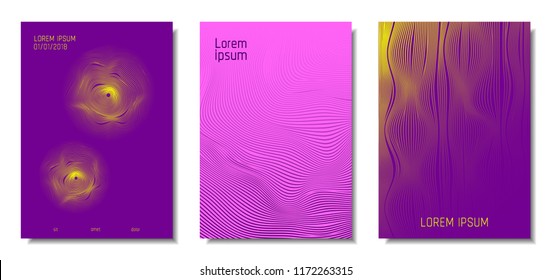 Blue Abstract Covers with Movement Effect. Wave Striped Backgrounds. Geometric Templates Set with Flow Lines. EPS10 Vector Design. 3D Abstract Distortion for Brochure, Magazine, Music Poster, Book.