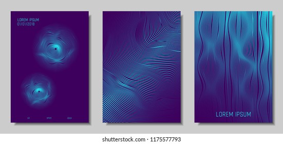 Blue Abstract Covers with Movement Effect. Wave Striped Backgrounds. Geometric Templates Set with Flow Lines. EPS10 Vector Design. 3D Abstract Distortion for Brochure, Magazine, Music Poster, Book.