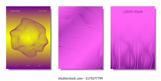 Blue Abstract Covers with Movement Effect. Wave Striped Backgrounds. Geometric Templates Set with Flow Lines. EPS10 Vector Design. 3D Abstract Distortion for Brochure, Magazine, Music Poster, Book.