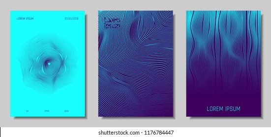 Blue Abstract Covers with Movement Effect. Wave Striped Backgrounds. Geometric Templates Set with Flow Lines. EPS10 Vector Design. 3D Abstract Distortion for Brochure, Magazine, Music Poster, Book.