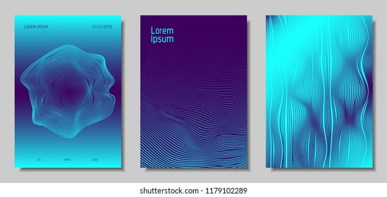 Blue Abstract Covers with Movement Effect. Wave Striped Backgrounds. Geometric Templates Set with Flow Lines. EPS10 Vector Design. 3D Abstract Distortion for Brochure, Magazine, Music Poster, Book.
