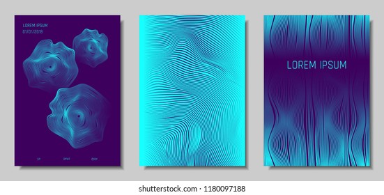 Blue Abstract Covers with Movement Effect. Wave Striped Backgrounds. Geometric Templates Set with Flow Lines. EPS10 Vector Design. 3D Abstract Distortion for Brochure, Magazine, Music Poster, Book.