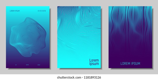 Blue Abstract Covers with Movement Effect. Wave Striped Backgrounds. Geometric Templates Set with Flow Lines. EPS10 Vector Design. 3D Abstract Distortion for Brochure, Magazine, Music Poster, Book.