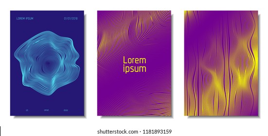 Blue Abstract Covers with Movement Effect. Wave Striped Backgrounds. Geometric Templates Set with Flow Lines. EPS10 Vector Design. 3D Abstract Distortion for Brochure, Magazine, Music Poster, Book.