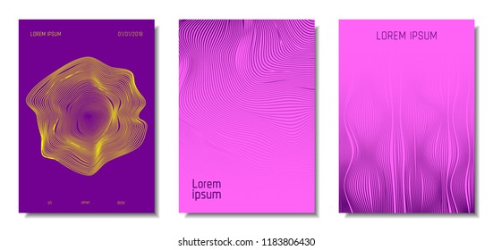 Blue Abstract Covers with Movement Effect. Wave Striped Backgrounds. Geometric Templates Set with Flow Lines. EPS10 Vector Design. 3D Abstract Distortion for Brochure, Magazine, Music Poster, Book.