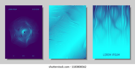 Blue Abstract Covers with Movement Effect. Wave Striped Backgrounds. Geometric Templates Set with Flow Lines. EPS10 Vector Design. 3D Abstract Distortion for Brochure, Magazine, Music Poster, Book.