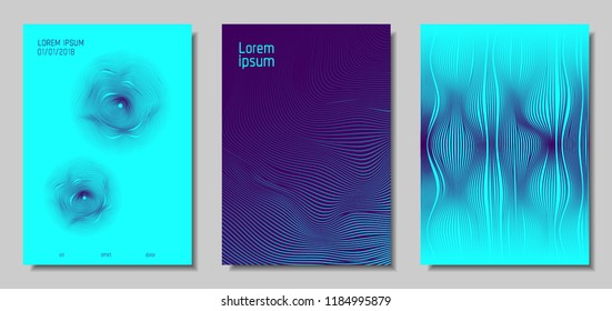 Blue Abstract Covers with Movement Effect. Wave Striped Backgrounds. Geometric Templates Set with Flow Lines. EPS10 Vector Design. 3D Abstract Distortion for Brochure, Magazine, Music Poster, Book.