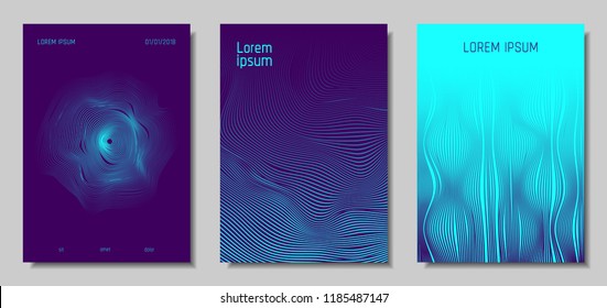 Blue Abstract Covers with Movement Effect. Wave Striped Backgrounds. Geometric Templates Set with Flow Lines. EPS10 Vector Design. 3D Abstract Distortion for Brochure, Magazine, Music Poster, Book.