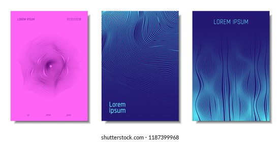 Blue Abstract Covers with Movement Effect. Wave Striped Backgrounds. Geometric Templates Set with Flow Lines. EPS10 Vector Design. 3D Abstract Distortion for Brochure, Magazine, Music Poster, Book.