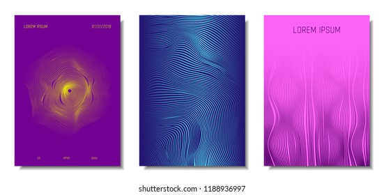 Blue Abstract Covers with Movement Effect. Wave Striped Backgrounds. Geometric Templates Set with Flow Lines. EPS10 Vector Design. 3D Abstract Distortion for Brochure, Magazine, Music Poster, Book.