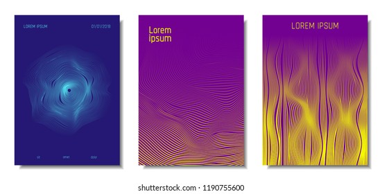 Blue Abstract Covers with Movement Effect. Wave Striped Backgrounds. Geometric Templates Set with Flow Lines. EPS10 Vector Design. 3D Abstract Distortion for Brochure, Magazine, Music Poster, Book.