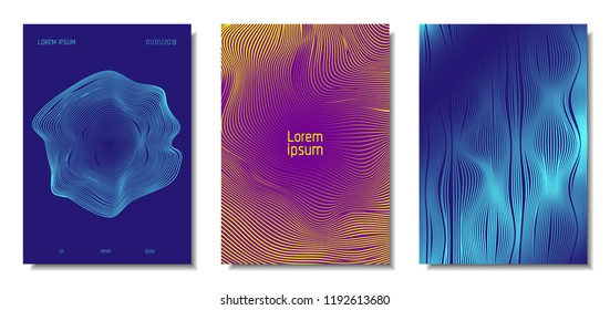 Blue Abstract Covers with Movement Effect. Wave Striped Backgrounds. Geometric Templates Set with Flow Lines. EPS10 Vector Design. 3D Abstract Distortion for Brochure, Magazine, Music Poster, Book.