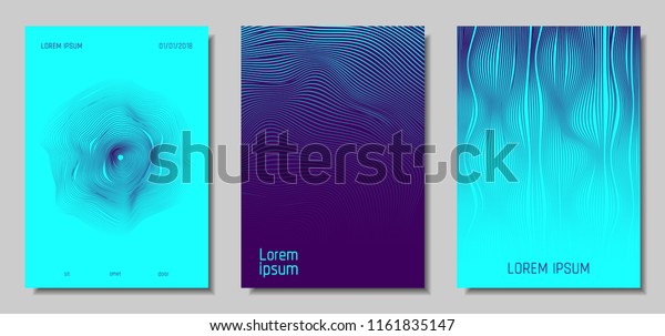 Blue Abstract Covers with Movement Effect. Wave\
Striped Backgrounds. Geometric Templates Set with Flow Lines. EPS10\
Vector Design. 3D Abstract Distortion for Brochure, Magazine, Music\
Poster, Book.