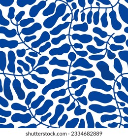 Blue abstract curve branches seamless pattern. Minimal floral repeat background, tropical plant repeat print. Freehand organic wallpaper, simple branch shapes. Summer botanical vector illustration.