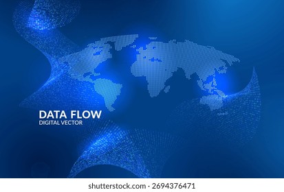Blue abstract data flow vector with glowing dots and curved digital lines. Represents big data visualization and network data transfe