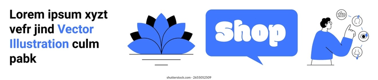 Blue abstract design elements with text graphics and a person using a tablet. Ideal for online shopping, communication, technology, e-commerce, and digital marketing. Banner for landing page